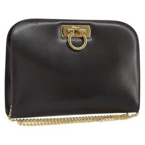 Authentic Salvatore Ferragamo Gancini Chain Shoulder Bag Leather Brown Gold